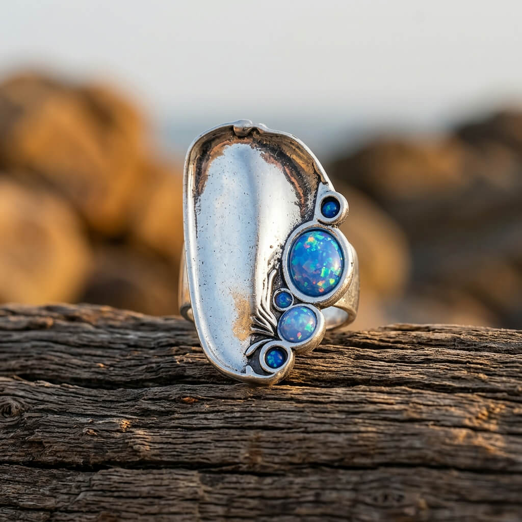 Boho Silver Blue Opal Oval Ring