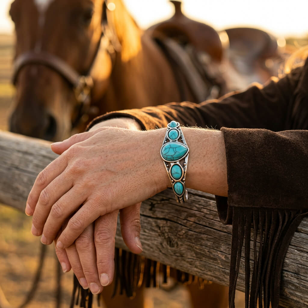 Turquoise Stone Western Silver Cuff Bracelet