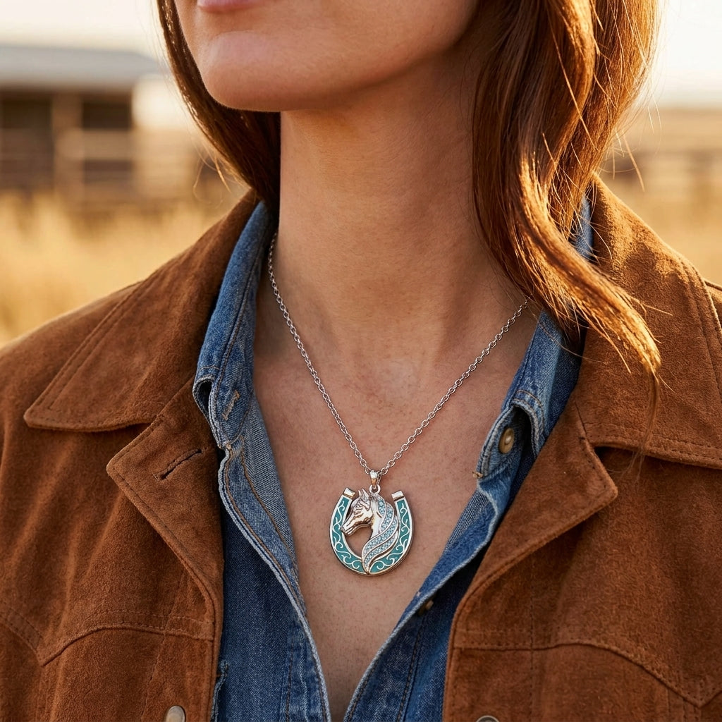 Mustang Horseshoe Necklace - Aquamarine