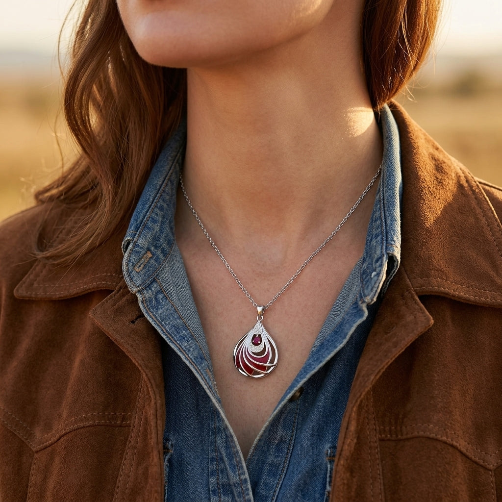 Zephyr Teardrop Necklace - Ruby ＆ Red
