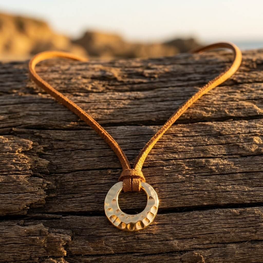 Boho Gold Hammered Round Pendant Necklace
