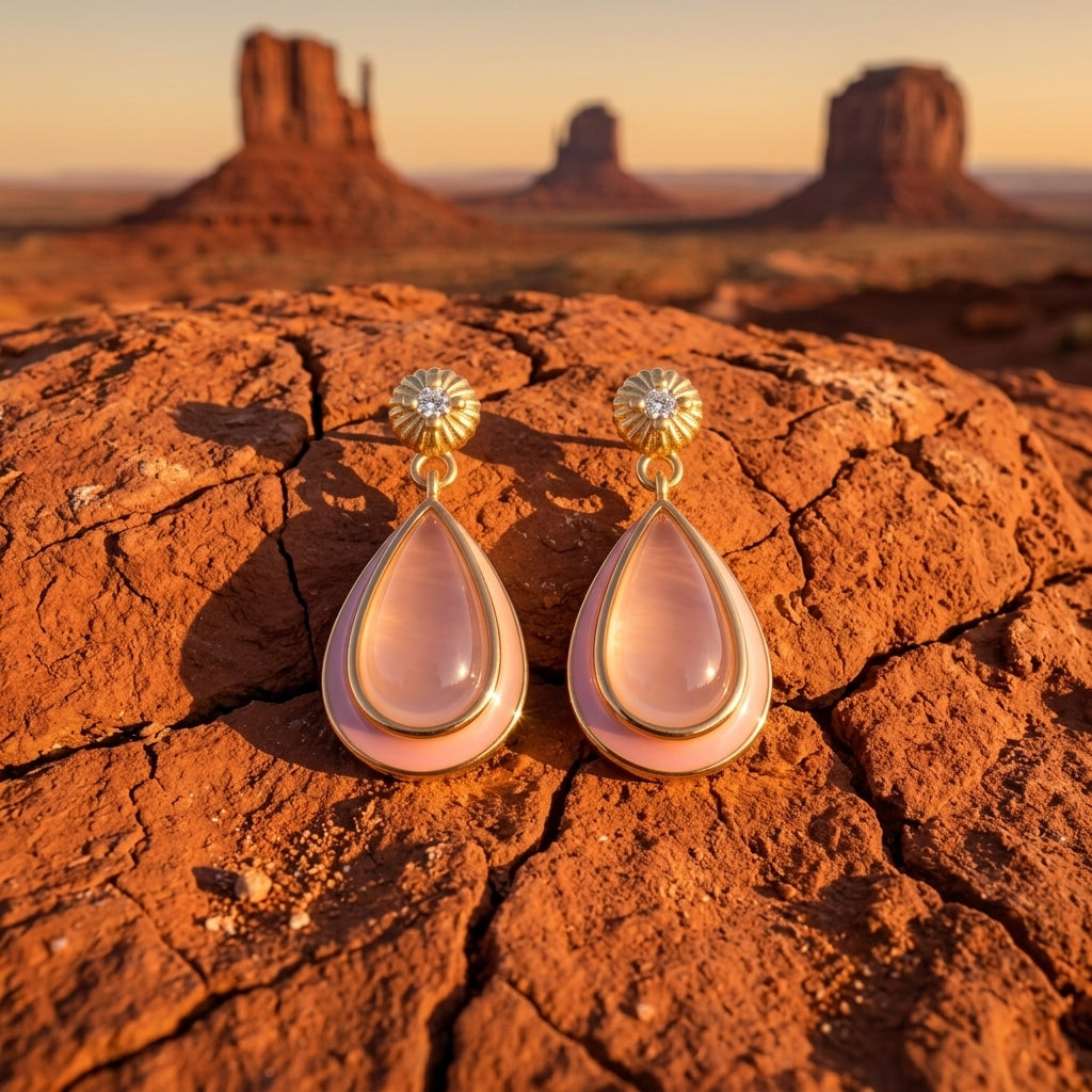 Ripple Teardrop Earrings - Rose Quartz