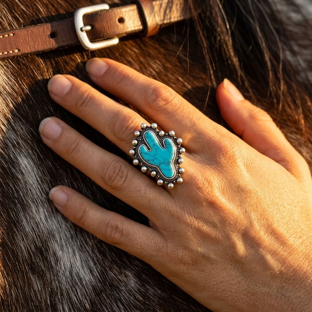 Boho Silver Turquoise Cactus Ring
