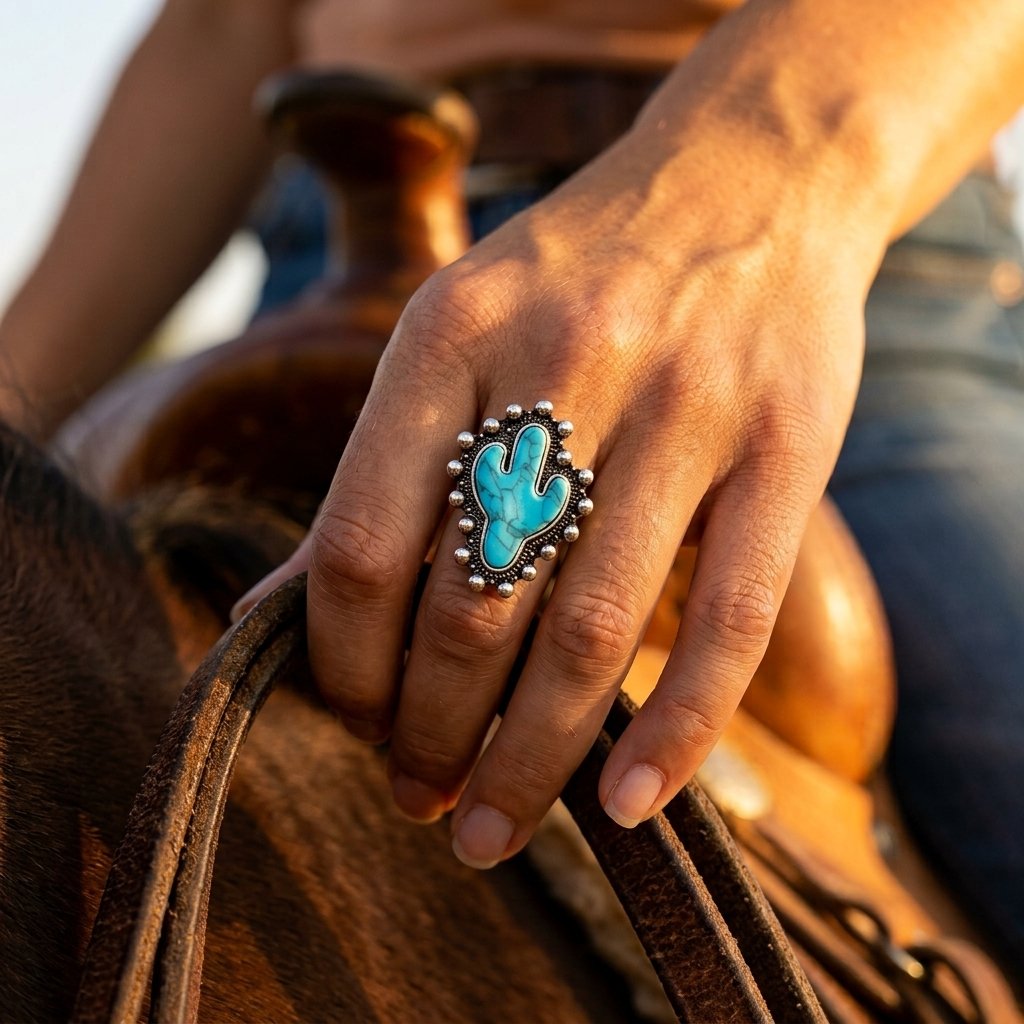 Boho Silver Turquoise Cactus Ring