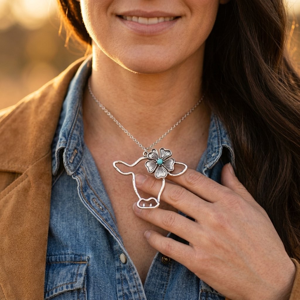 Bohemian Silver Turquoise Cow Necklace