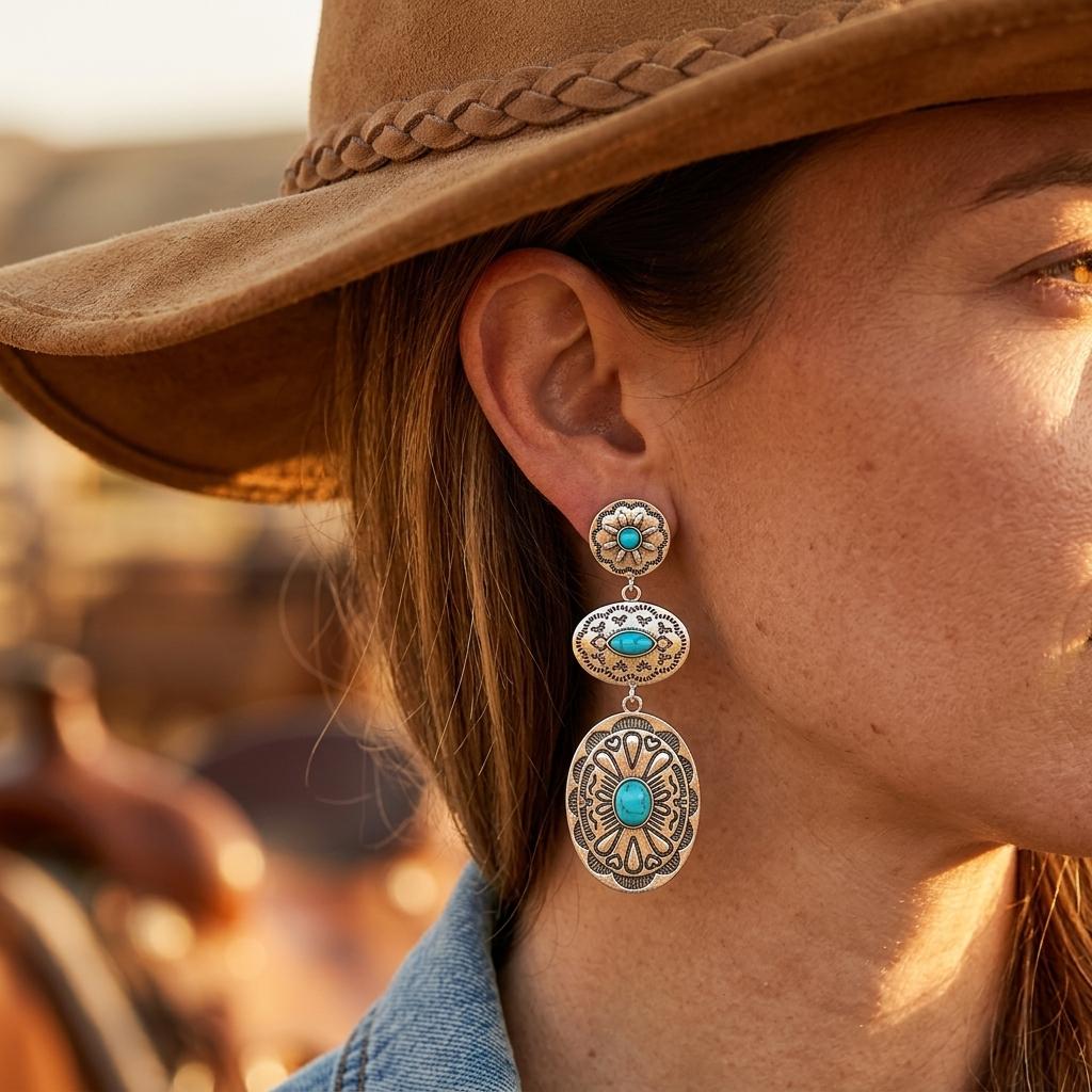 Retro Western Copper Turquoise Cactus Earrings