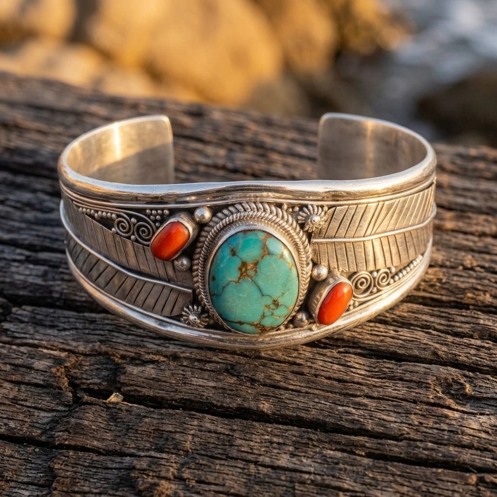 Southwestern Silver Turquoise Coral Bracelet