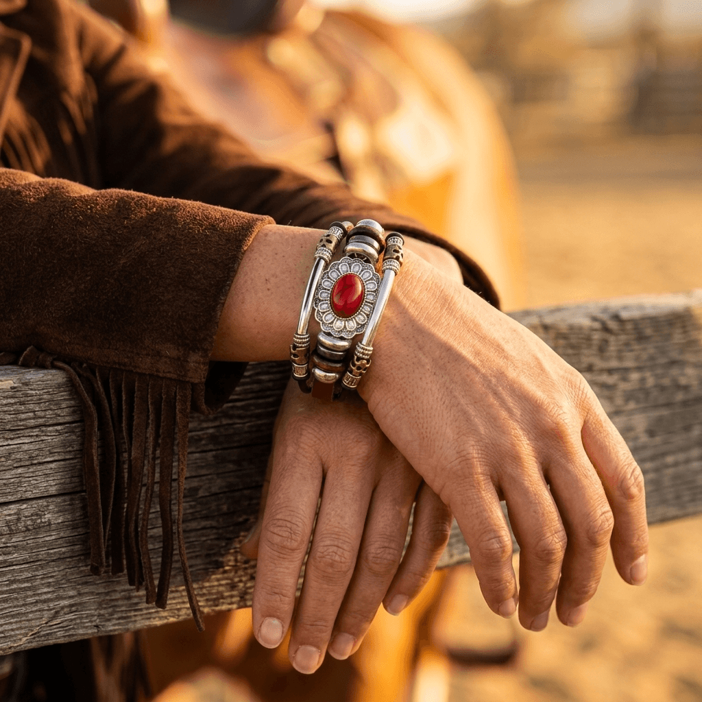 Ethnic Style Red Stone Leather Beaded Bracelet