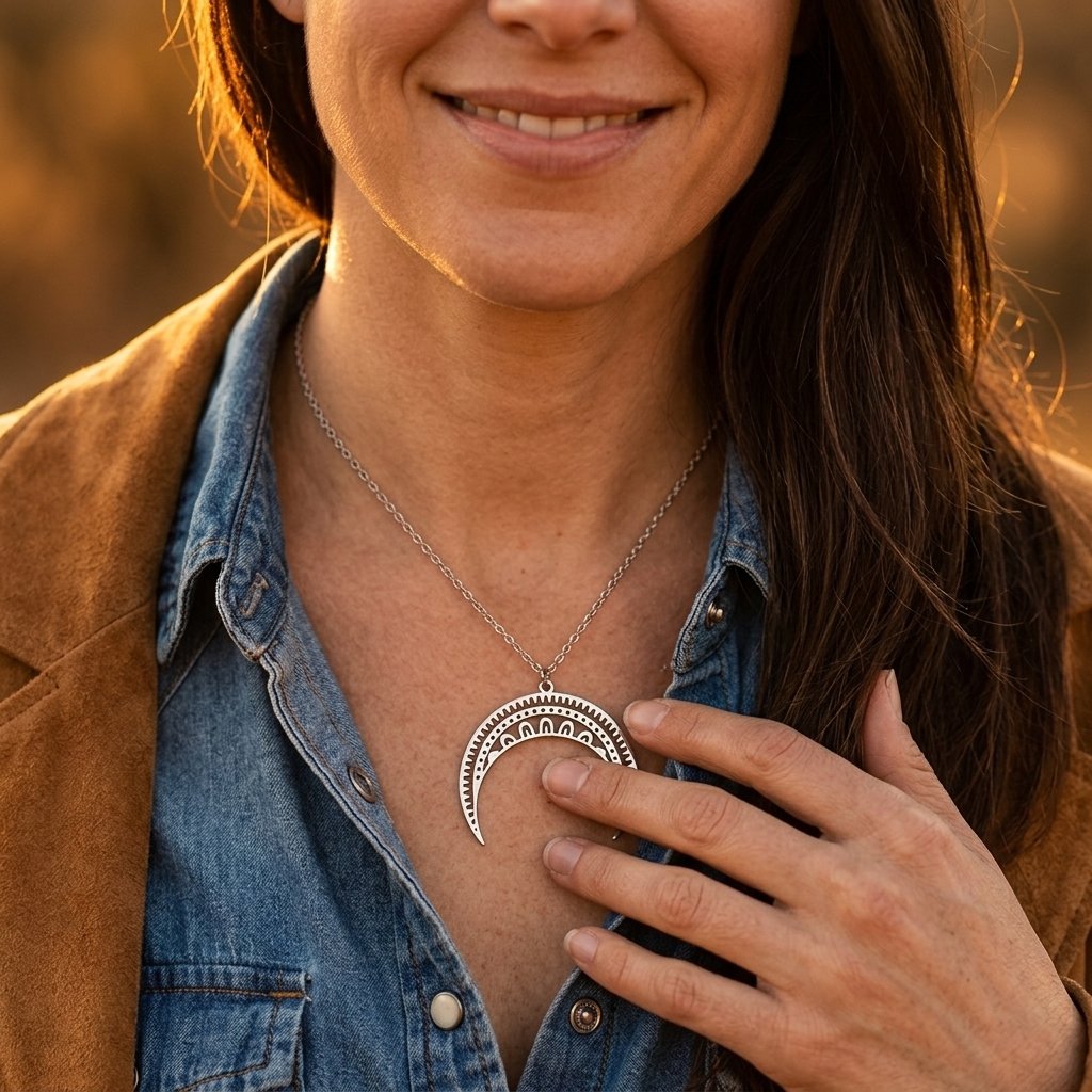 Boho Silver Crescent Moon Filigree Necklace