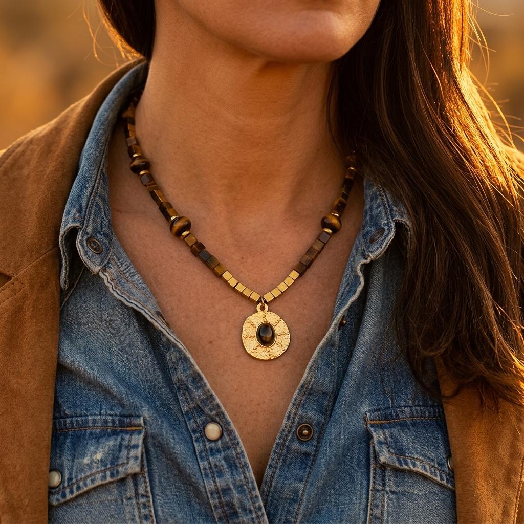 Boho Retro Gold Tiger Eye Round Pendant Necklace