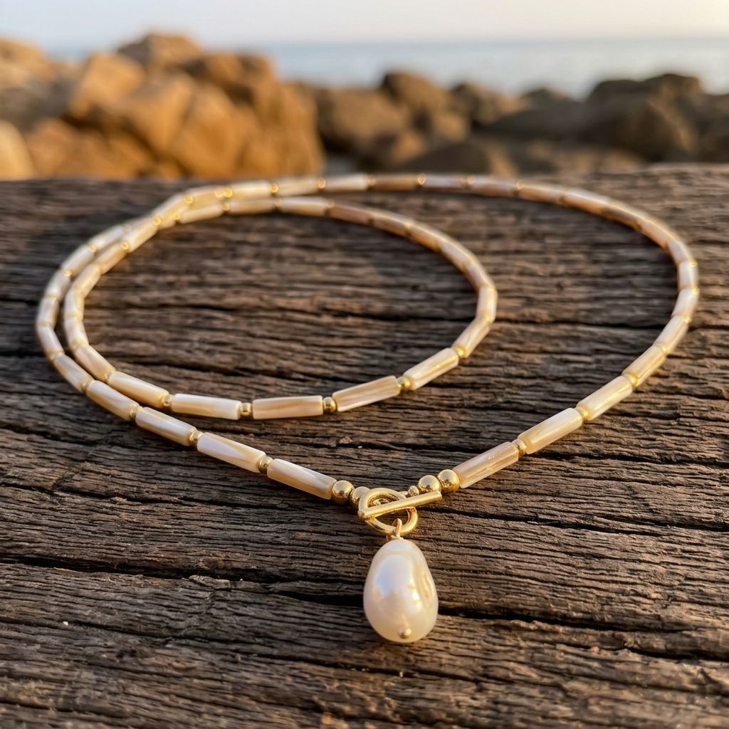 Bohemian Gold Tube Bead Pearl Drop Necklace