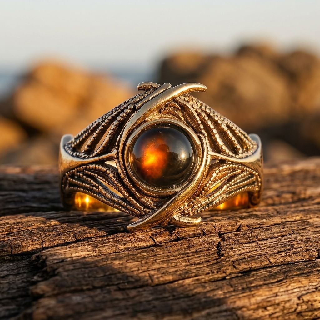 Retro Gold Amber Round Wing Ring