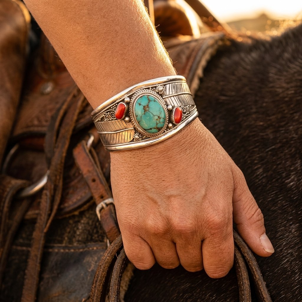 Southwestern Silver Turquoise Coral Bracelet