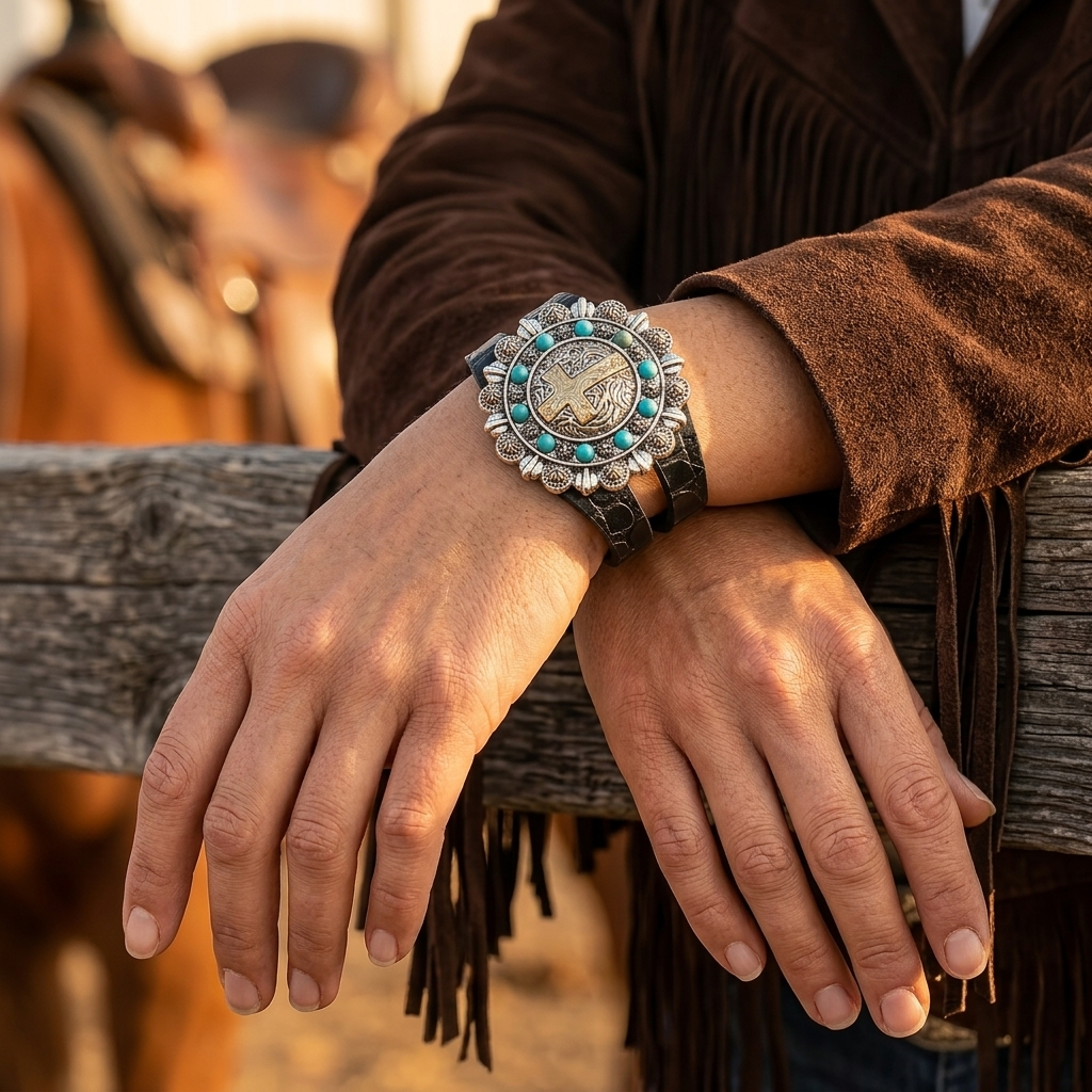 Bohemian Silver Turquoise Floral Leather Bracelet