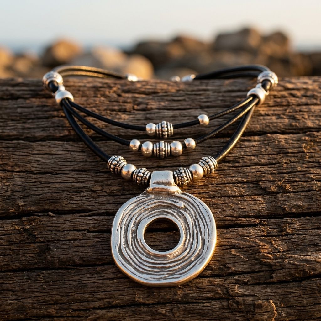 Tribal Silver Textured Hollow Circle Necklace
