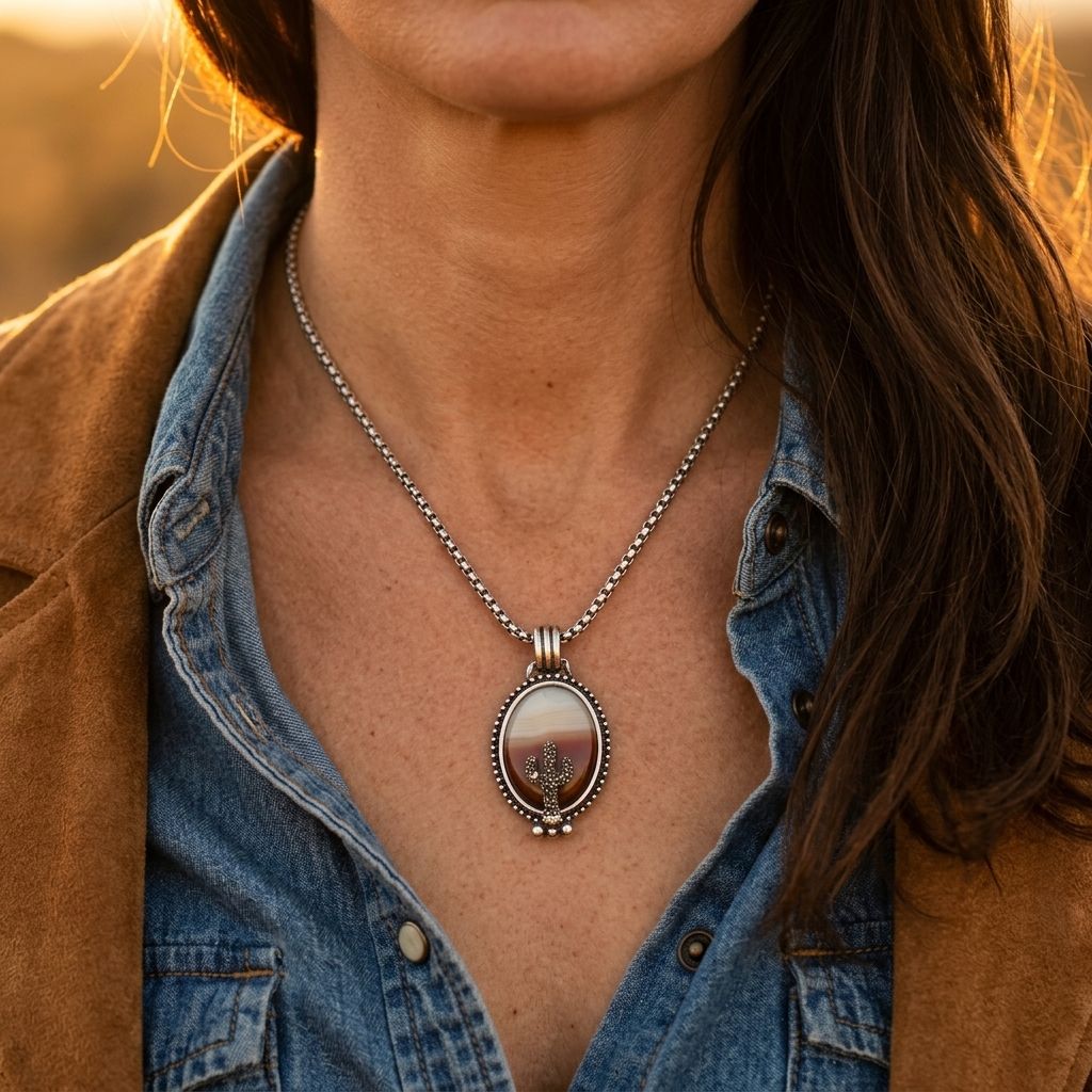 Desert Silver Cactus Oval Necklace