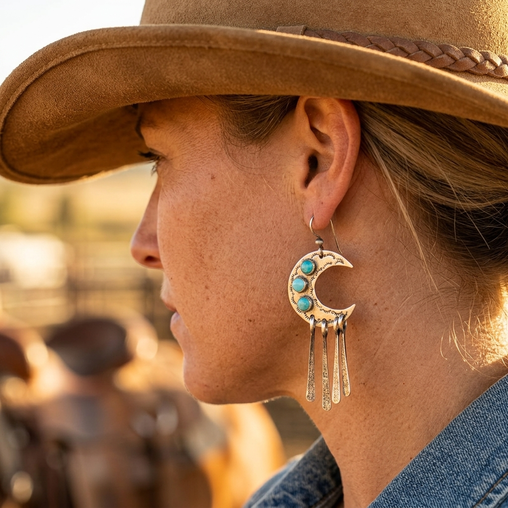 Bohemian Silver Moon Turquoise Tassel Earrings
