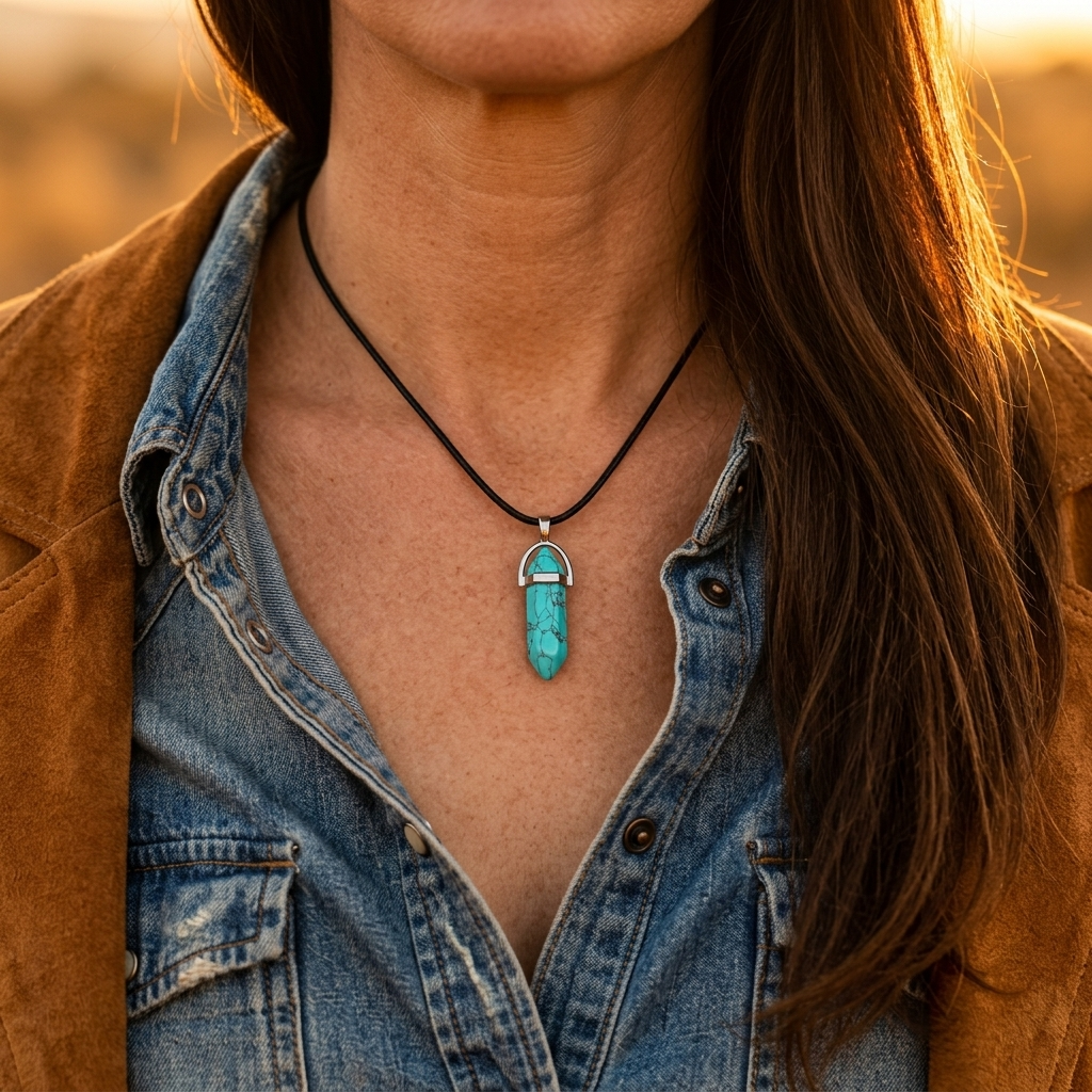 Turquoise Stone Polished Crystal Pendant Necklace