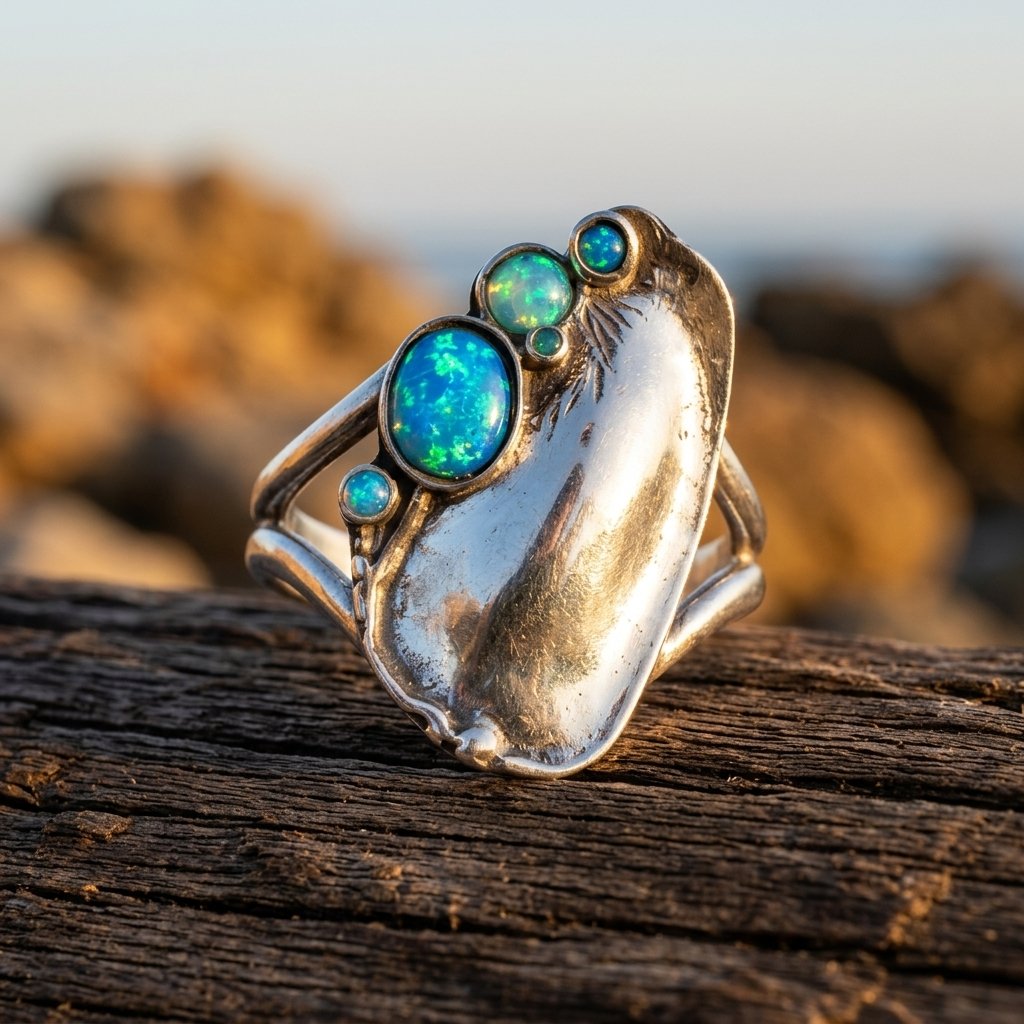Boho Silver Blue Opal Oval Ring