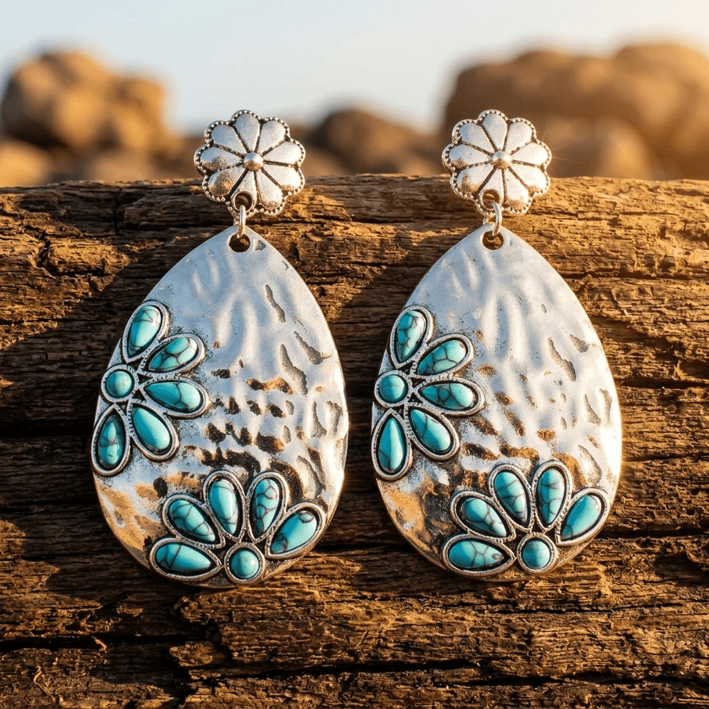 Vintage Western Turquoise Flower Drop Earrings