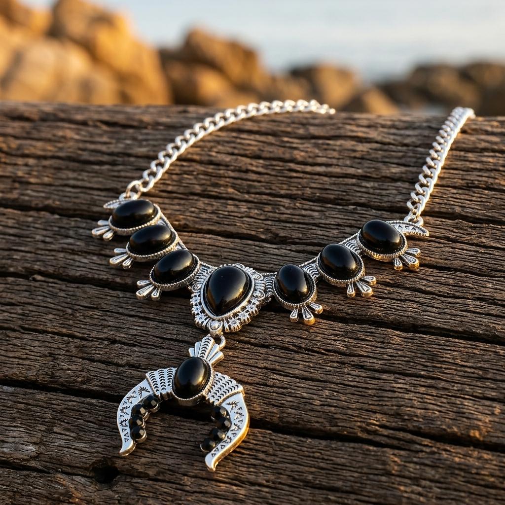 Boho Silver Black Onyx Crescent Necklace