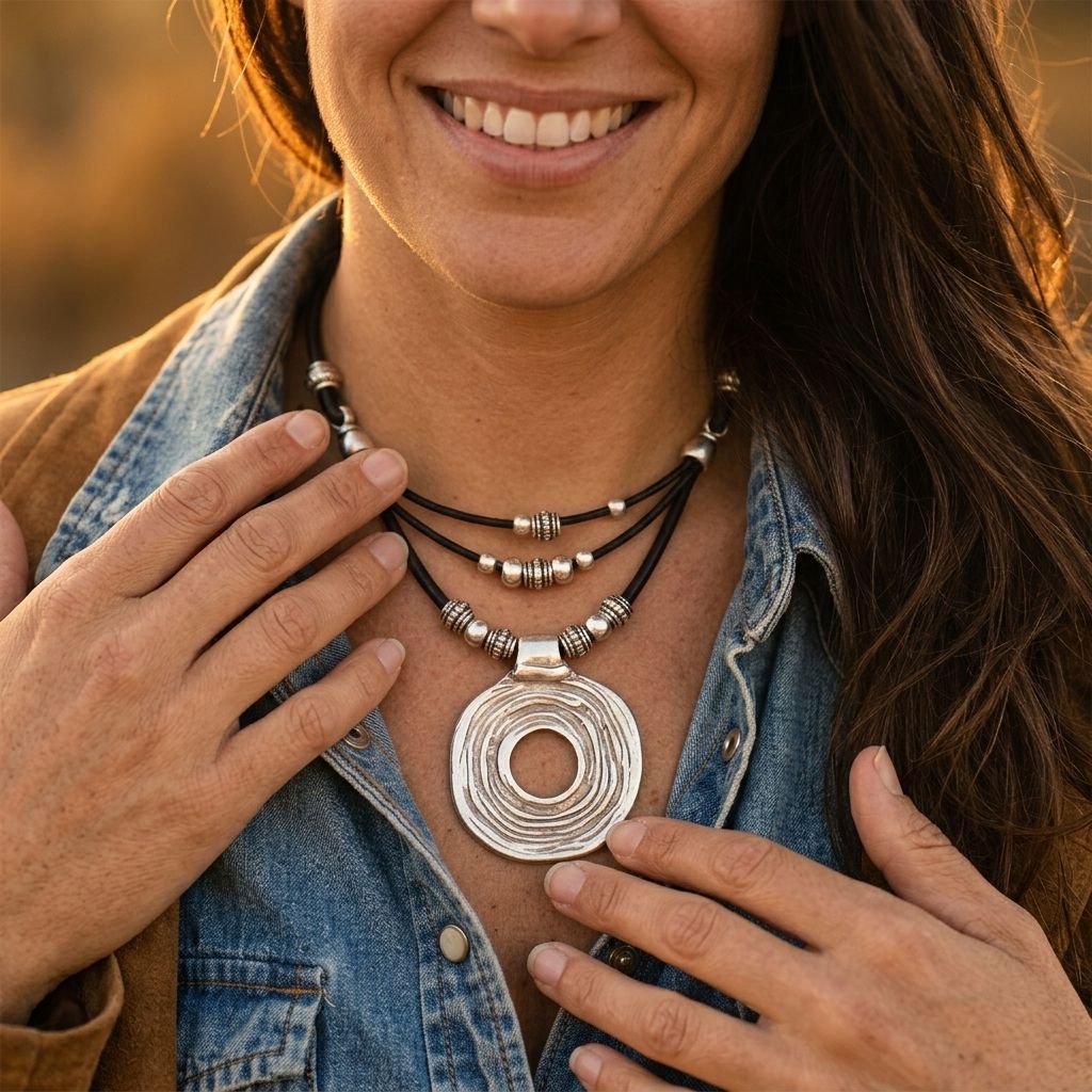 Tribal Silver Textured Hollow Circle Necklace
