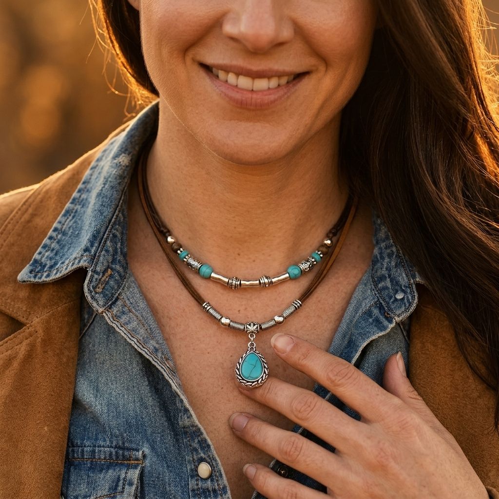 Boho Silver Turquoise Teardrop Pendant Necklace