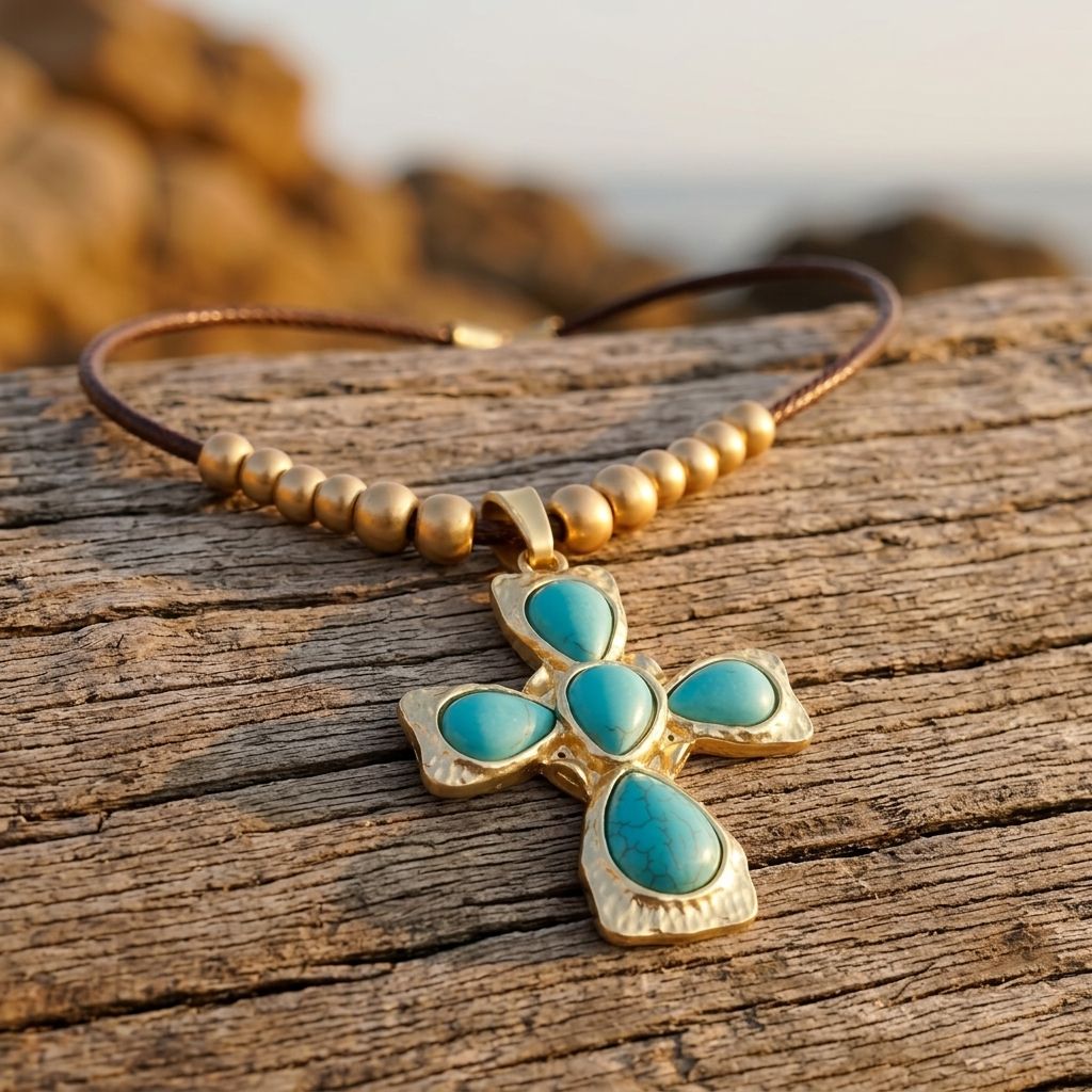 Boho Gold Turquoise Cross Pendant Necklace