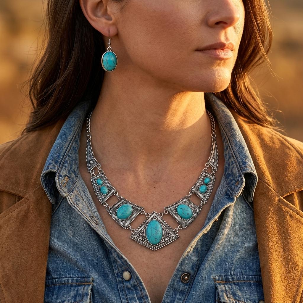 Boho Silver Turquoise Pattern Jewelry Set