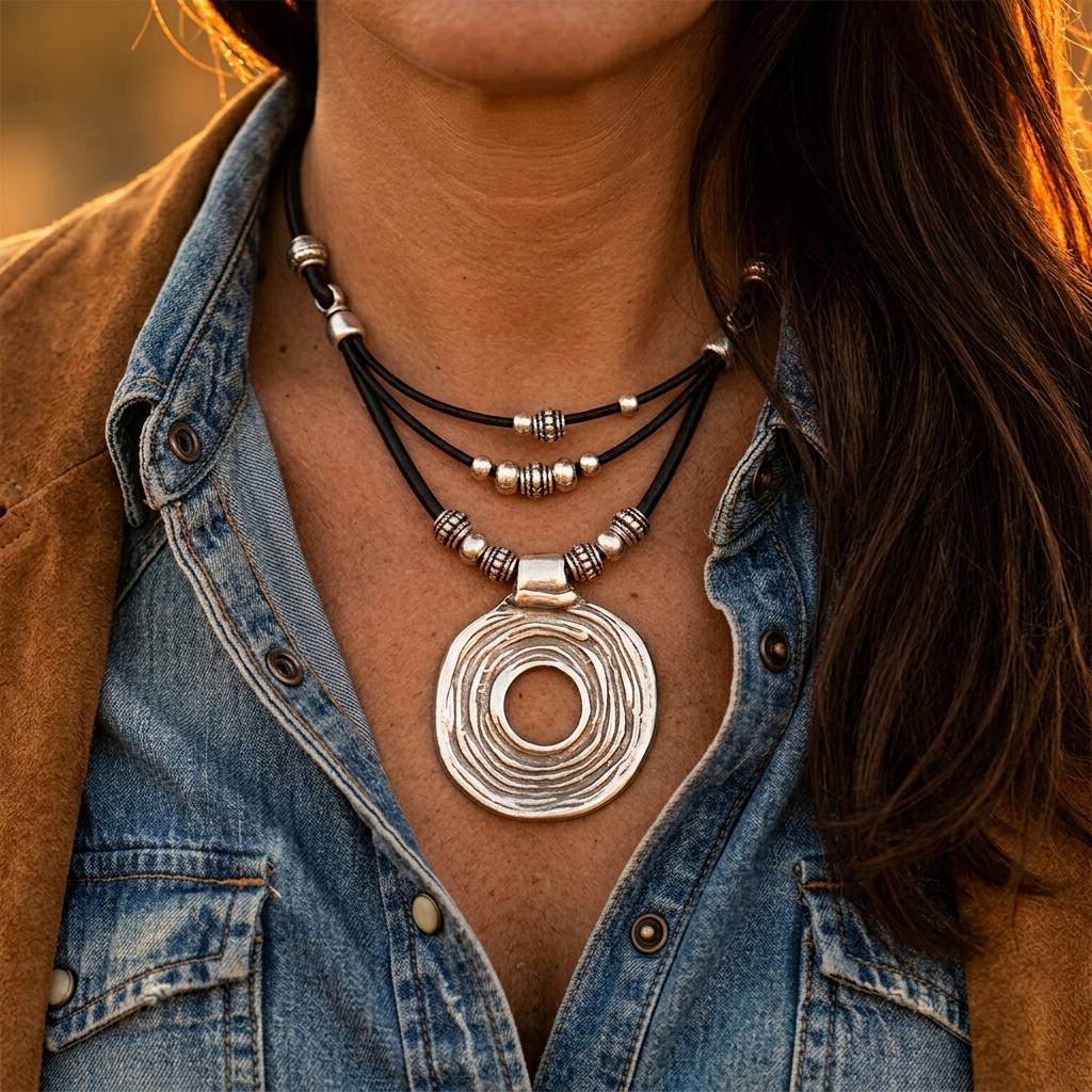 Tribal Silver Textured Hollow Circle Necklace