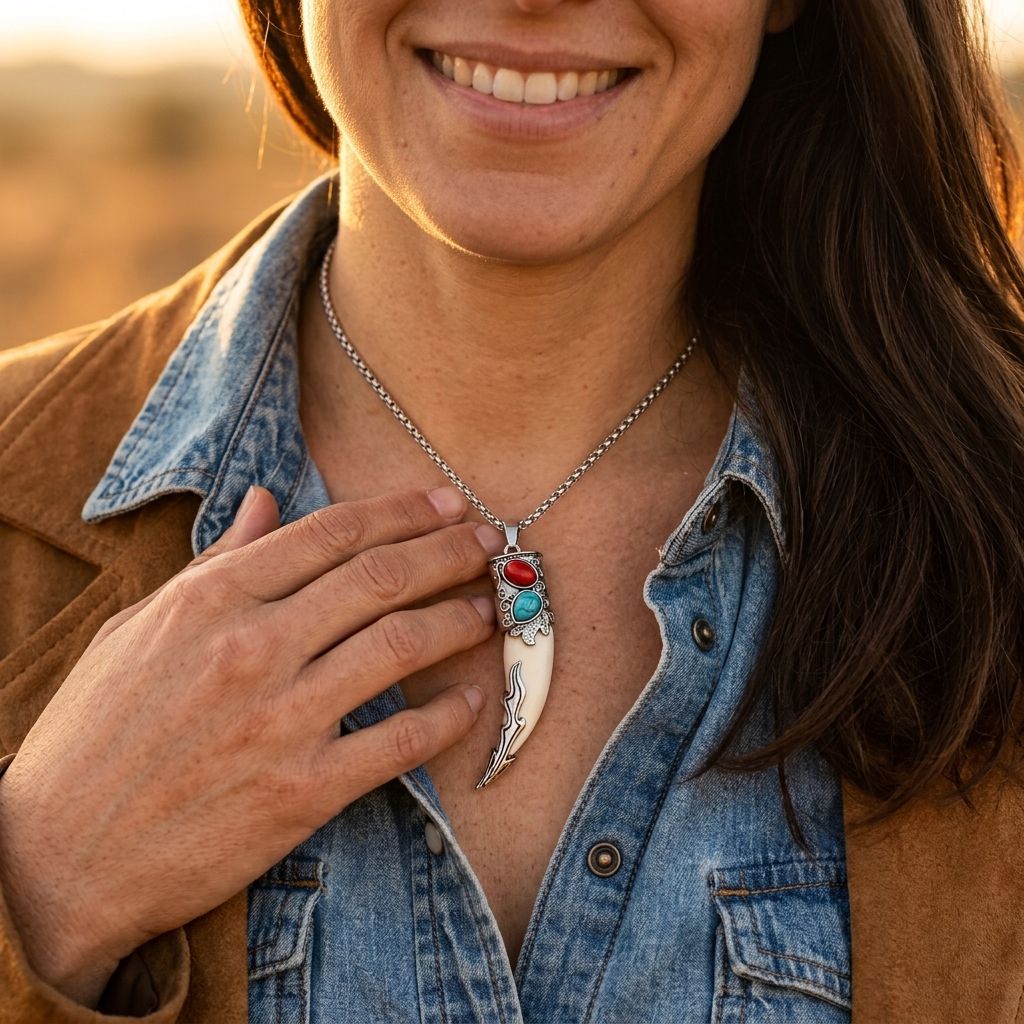 Boho Silver Turquoise Wolf Tooth Necklace
