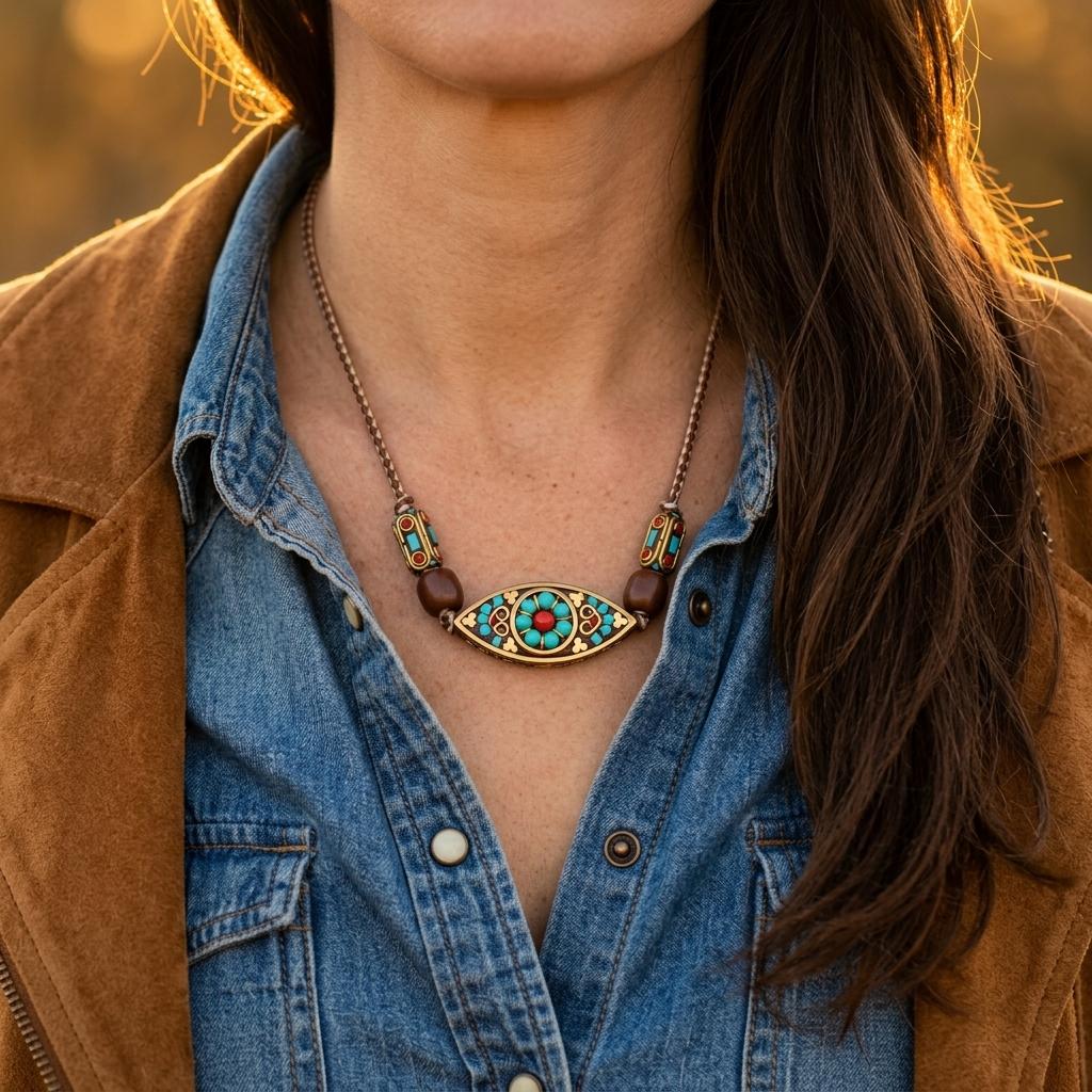 Boho Brass Turquoise Inlay Pendant Necklace