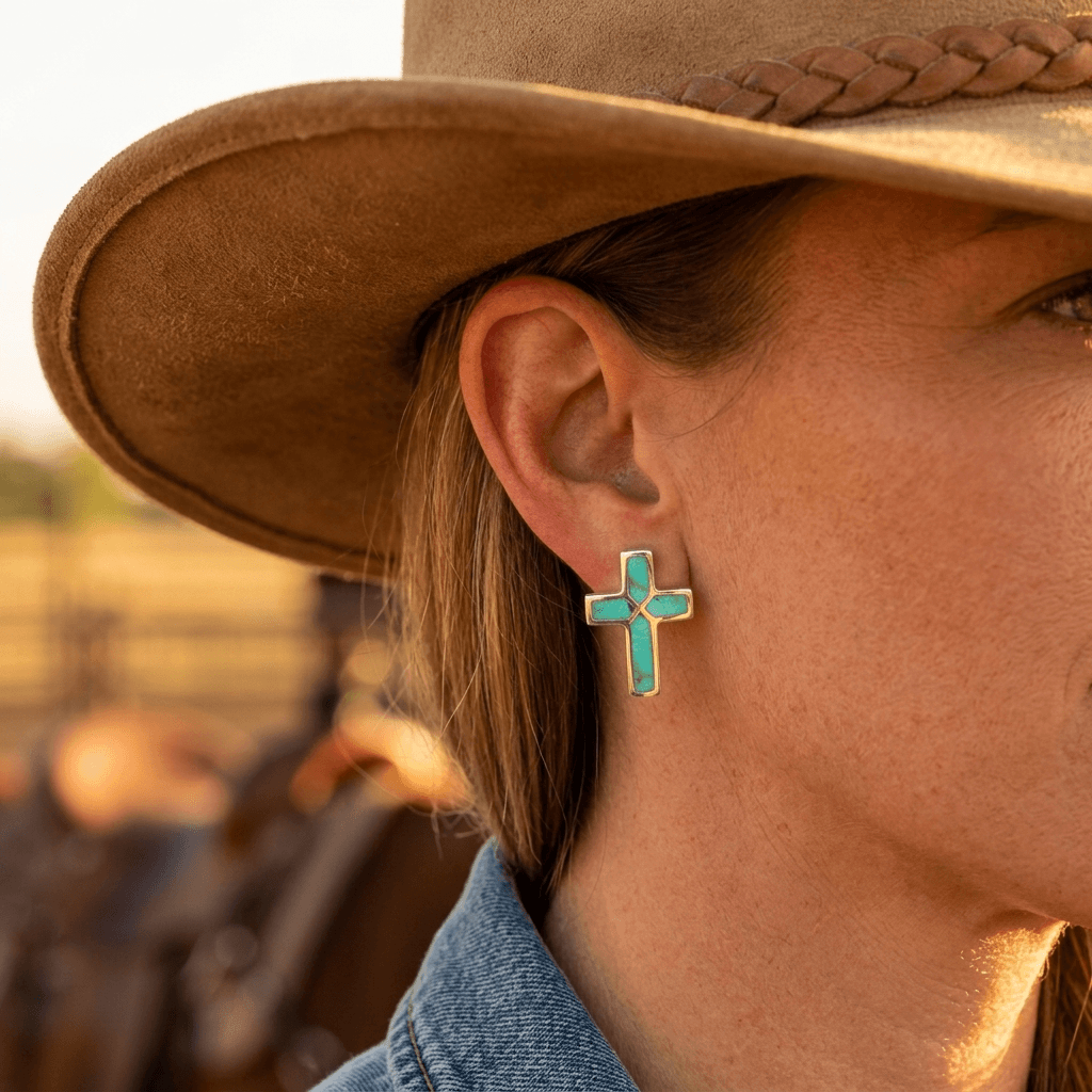 Vintage Turquoise Inlaid Cross Twist Hollow Earrings
