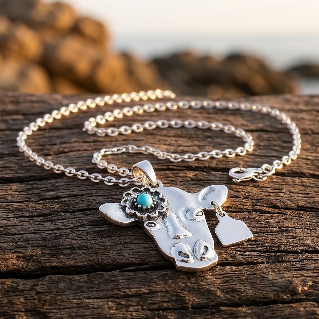 Vintage Silver Turquoise Cow Head Necklace