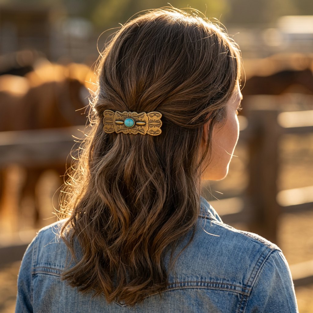 Vintage Gold Turquoise Inlay Spring Hair Clip