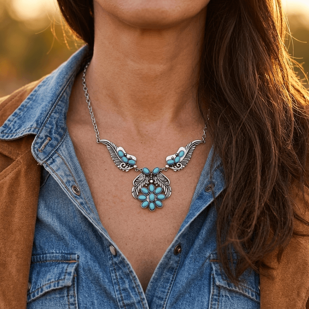 Bohemian Turquoise Inlaid Silver Statement Necklace
