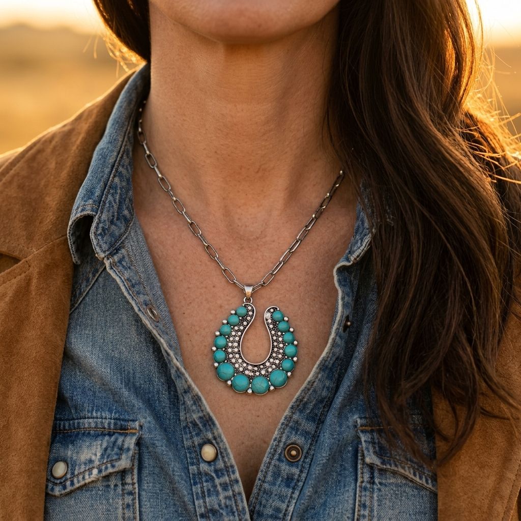 Vintage Silver Turquoise Horseshoe Necklace