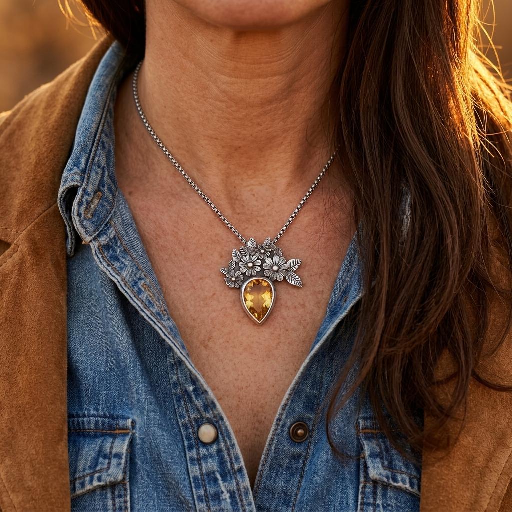 Retro Silver Filigree Flower Citrine Necklace