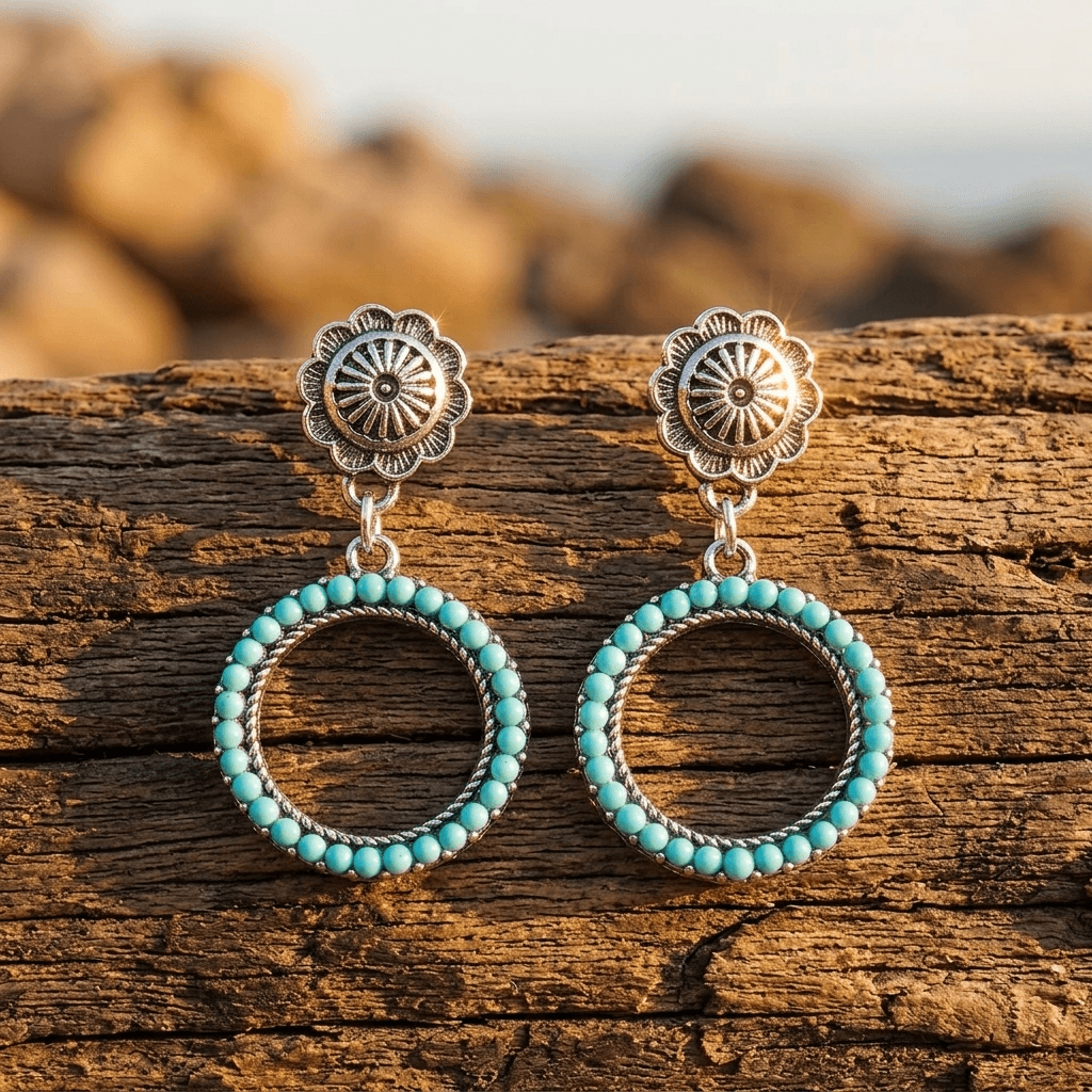 Vintage Silver Turquoise Beaded Circle Earrings