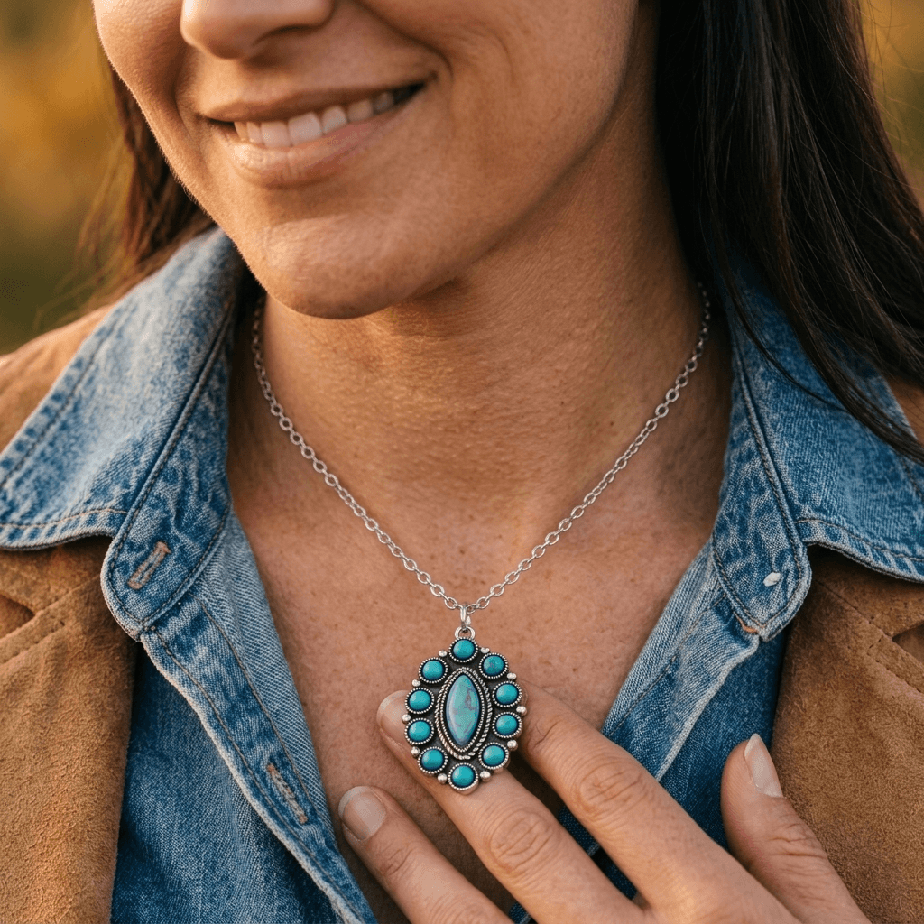 Turquoise Cluster Silver Pendant Necklace