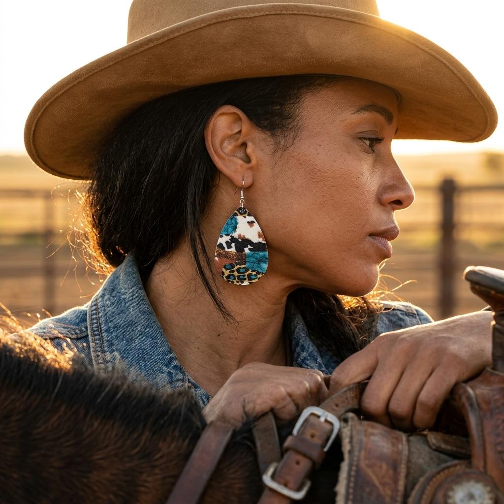 Western Cow Print Gold Geometric Drop Earrings