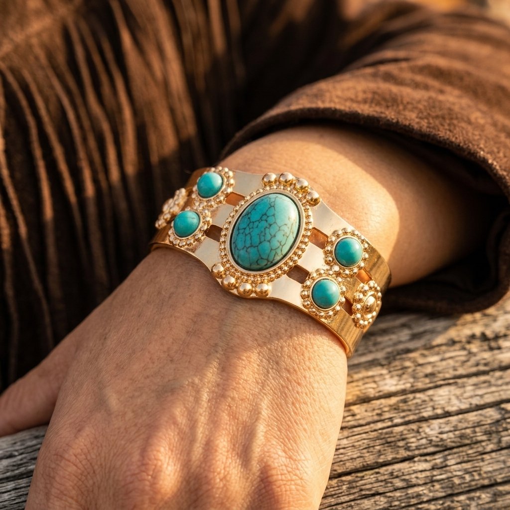Boho Gold Turquoise Filigree Cuff Bracelet