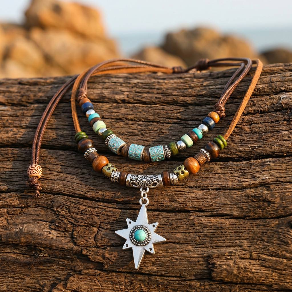 Boho Leather Turquoise Star Pendant Necklace