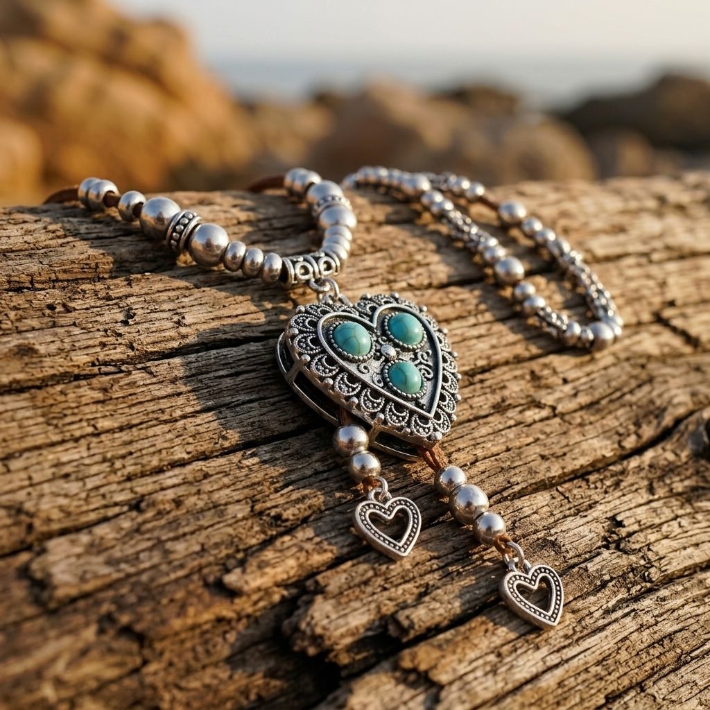 Vintage Silver Filigree Turquoise Heart Necklace
