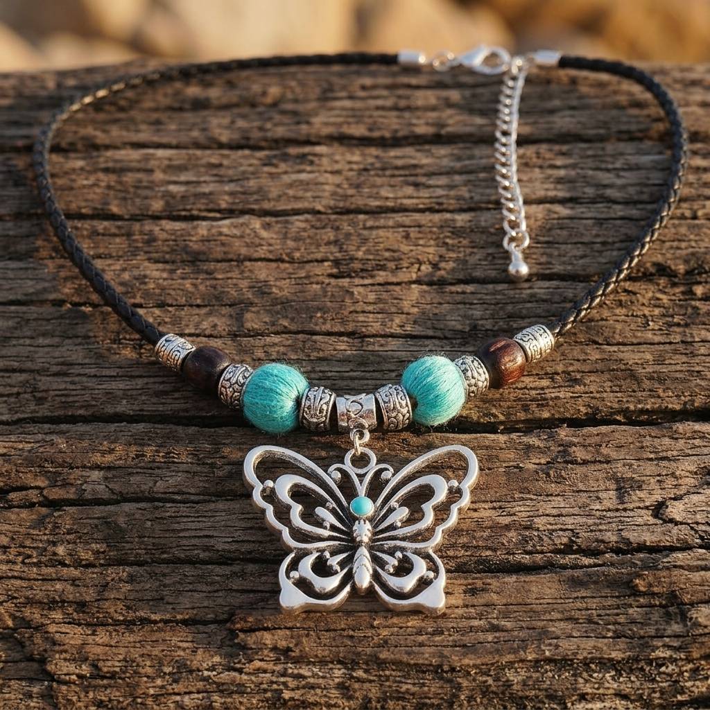 Boho Silver Turquoise Butterfly Necklace