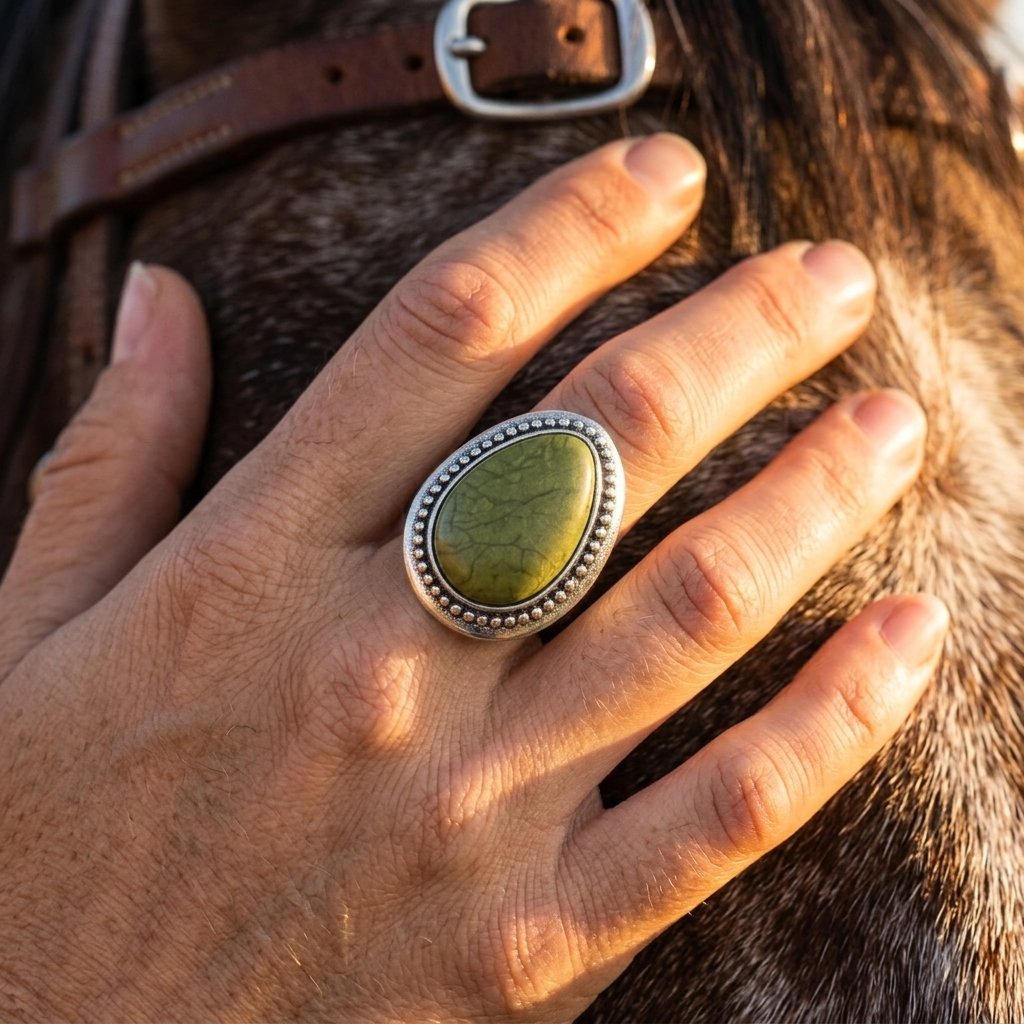Vintage Silver Green Resin Oval Ring
