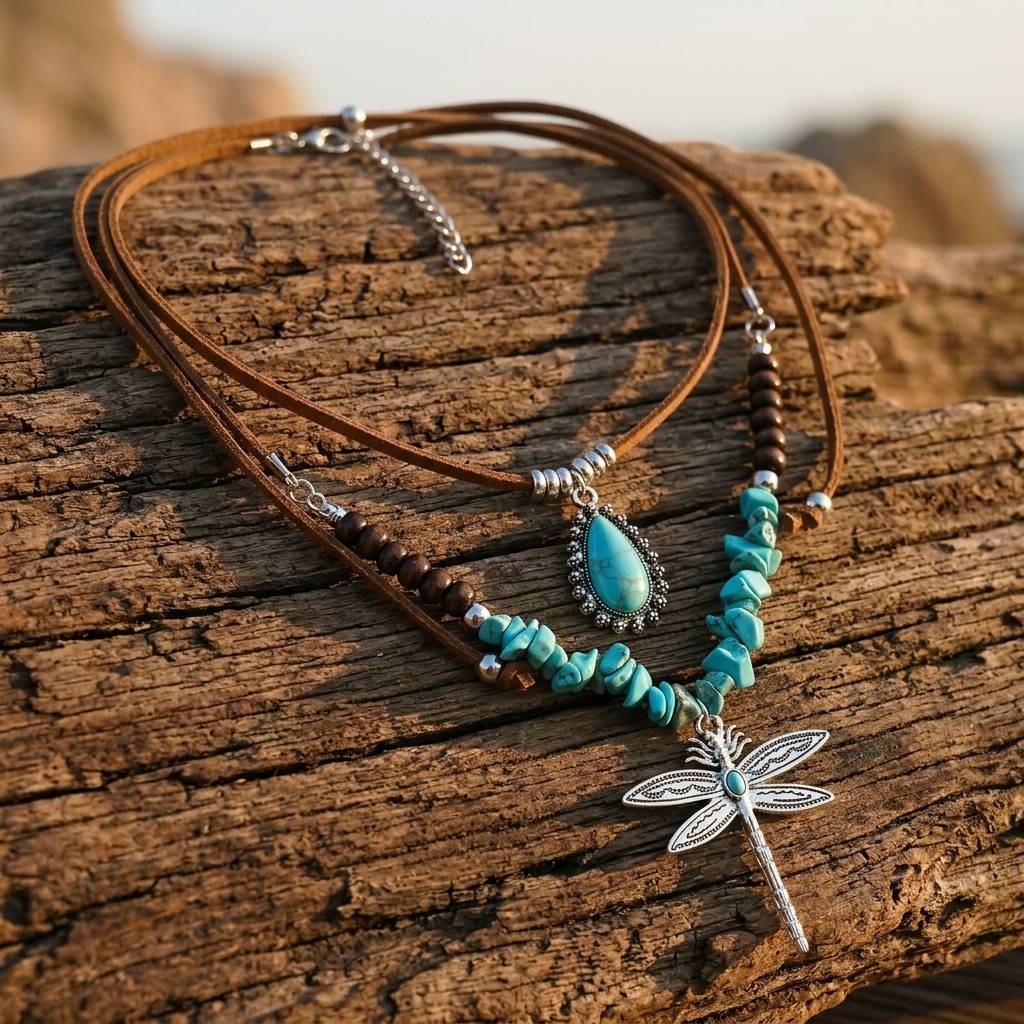 Boho Leather Turquoise Dragonfly Necklace