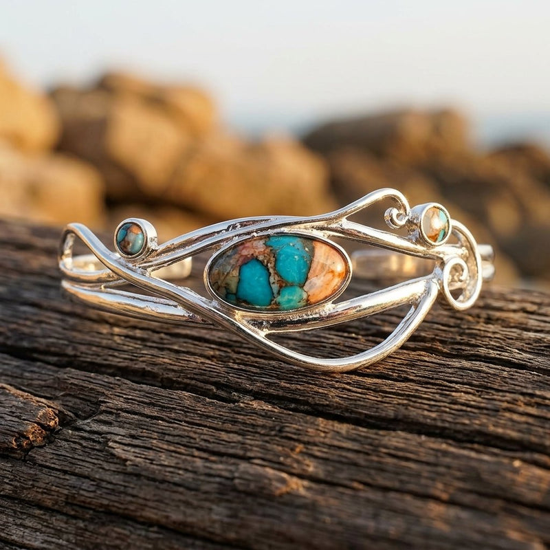 Boho Silver Turquoise Inlay Bracelet