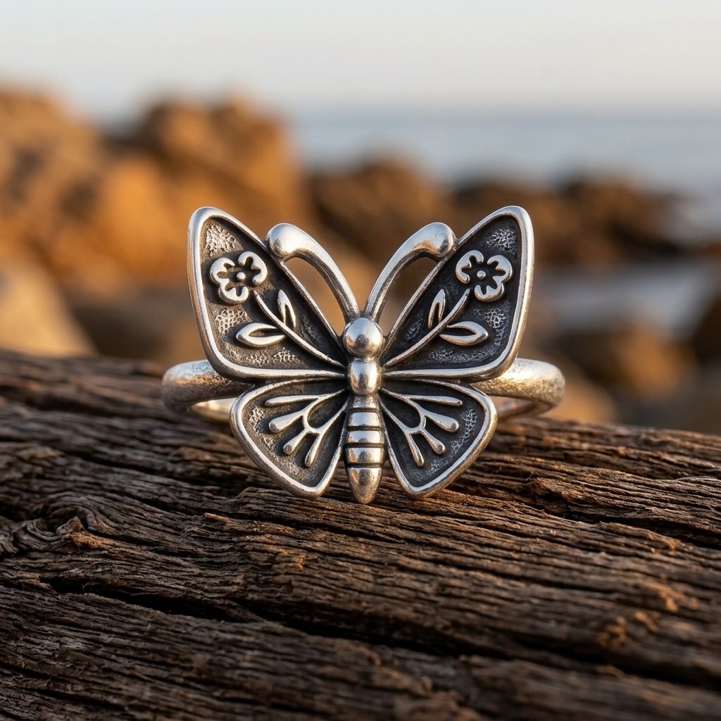 Vintage Silver Butterfly Floral Filigree Ring