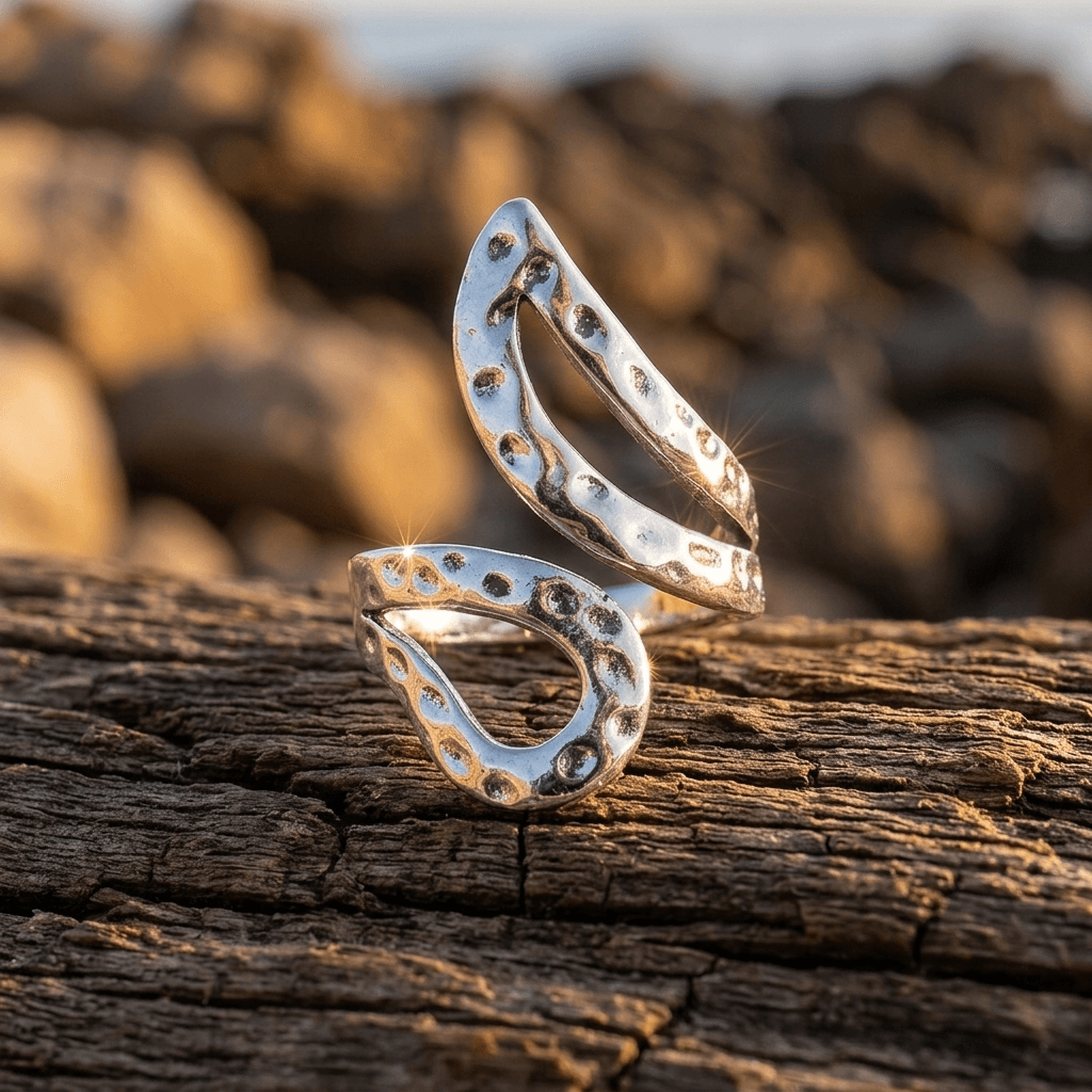 Silver Hammered Textured Twisted Open Ring